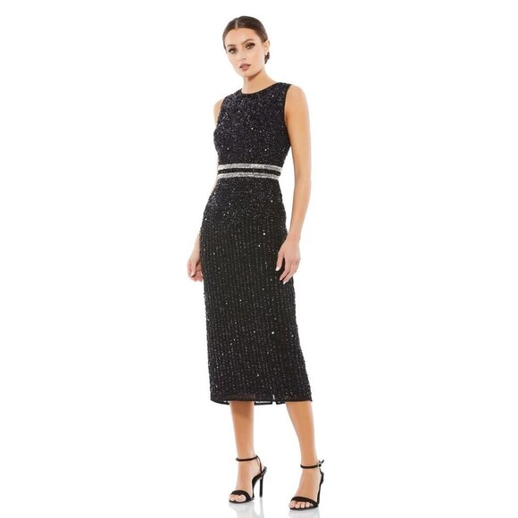 NWT Mac Duggal Sleeveless High Neck Beaded Midi Sheath Dress Black 4 #9829 - Picture 1 of 8